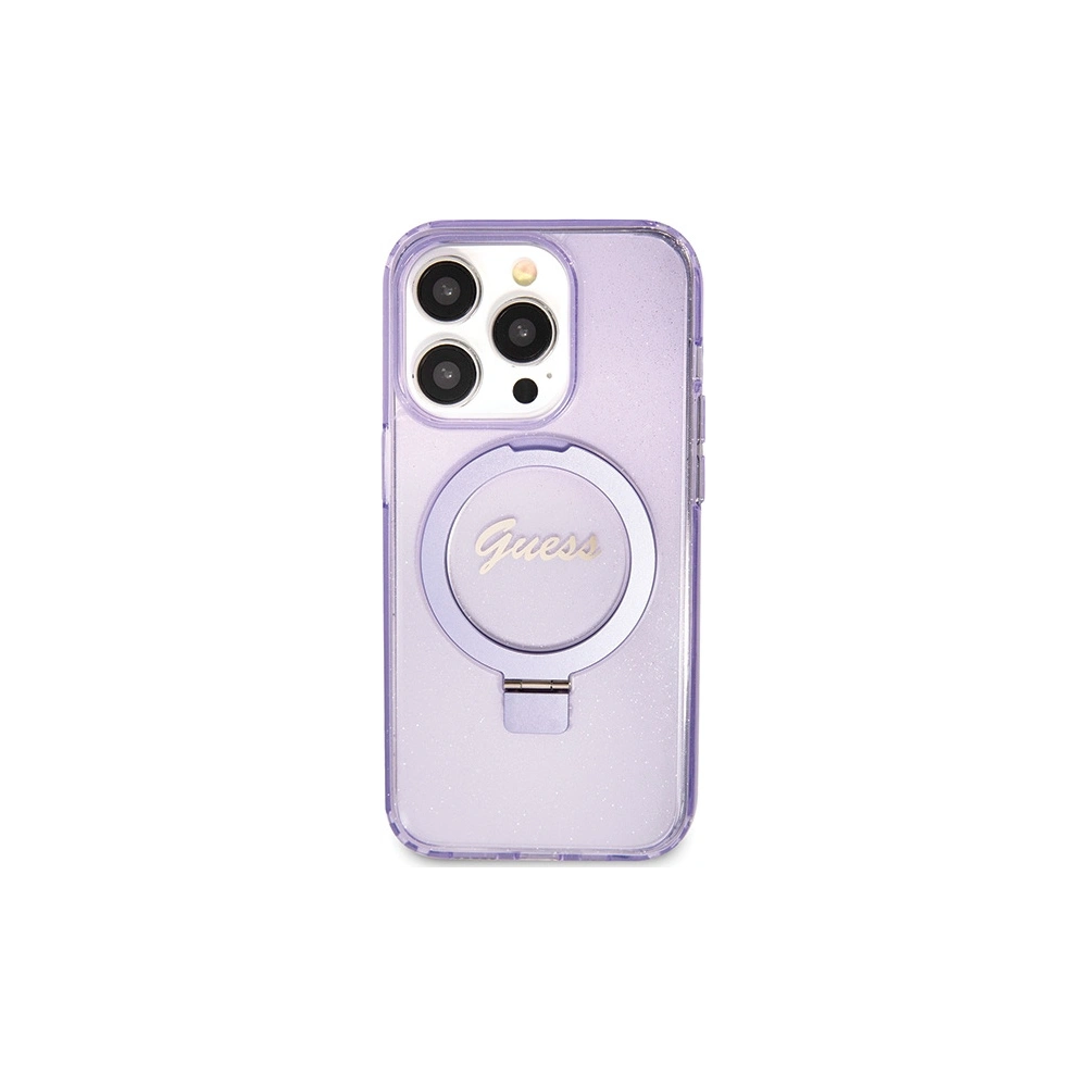 Etui Guess GUHMP15LHRSGSU Apple iPhone 15 Pro hardcase Ring Stand Script Glitter MagSafe fioletowy/purple