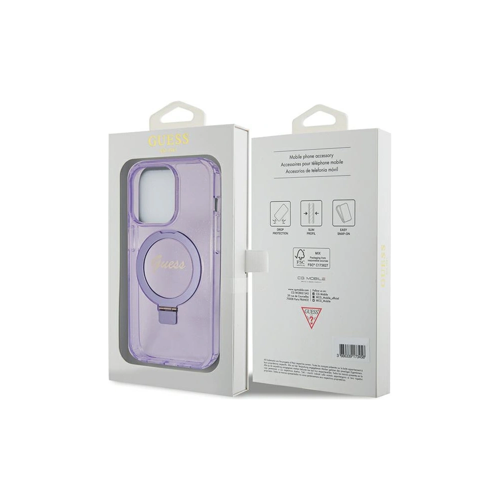 Etui Guess GUHMP15LHRSGSU Apple iPhone 15 Pro hardcase Ring Stand Script Glitter MagSafe fioletowy/purple