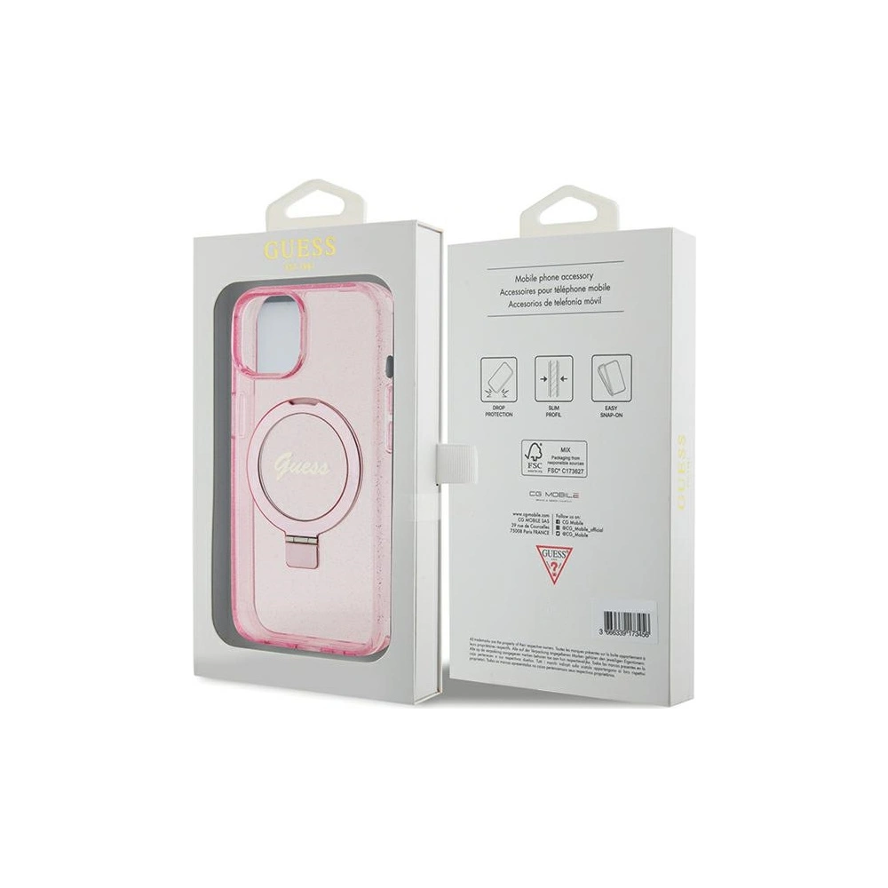 Etui Guess GUHMP15MHRSGSP Apple iPhone 15 Plus / 14 Plus hardcase Ring Stand Script Glitter MagSafe różowy/pink
