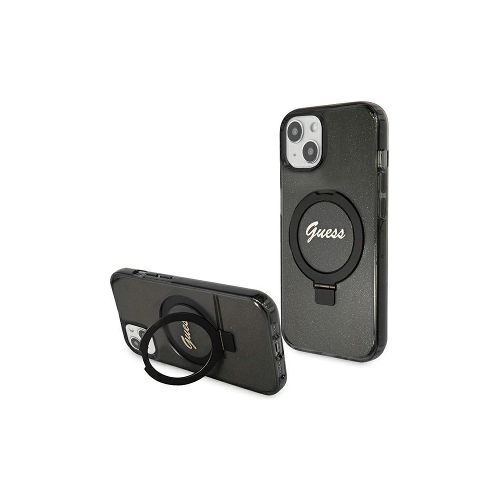 Etui Guess GUHMP15SHRSGSK Apple iPhone 15 hardcase Ring Stand Script Glitter MagSafe czarny/black