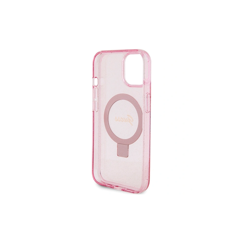 Etui Guess GUHMP15SHRSGSP Apple iPhone 15 hardcase Ring Stand Script Glitter MagSafe różowy/pink