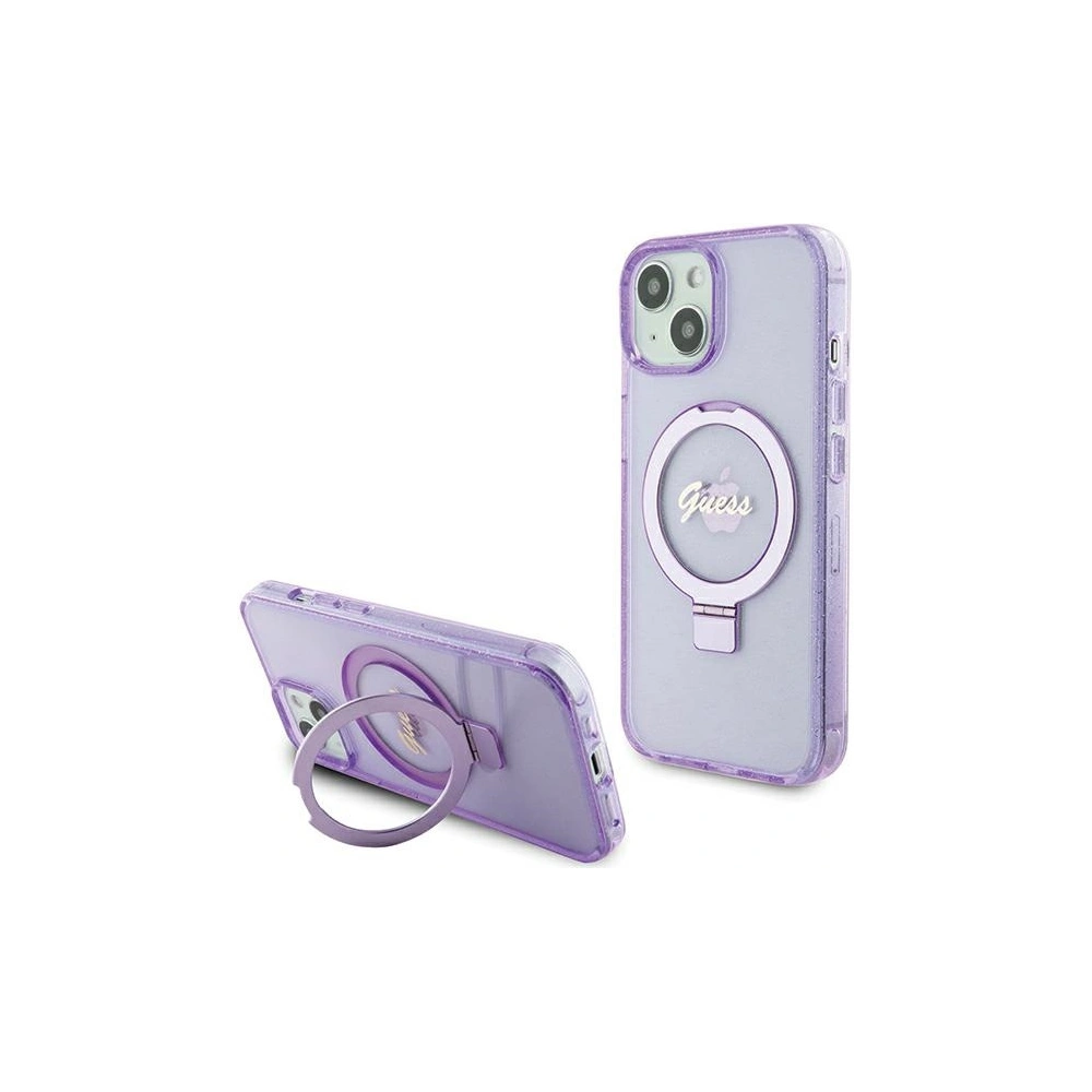 Etui Guess GUHMP15SHRSGSU Apple iPhone 15 hardcase Ring Stand Script Glitter MagSafe fioletowy/purple