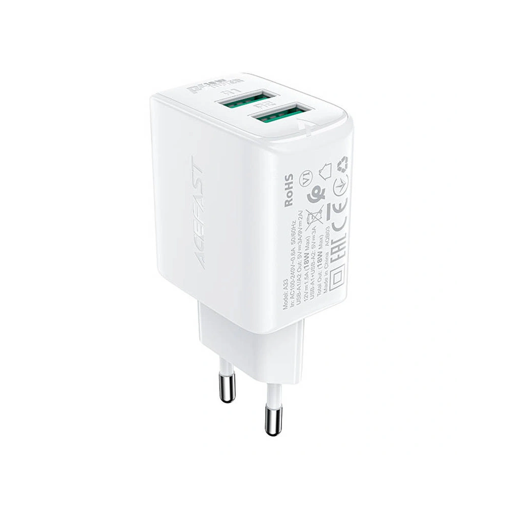 Ładowarka sieciowa Acefast A33 2xUSB-A, QC3.0, 18W  (biała)