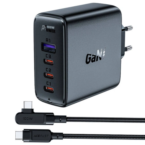 Kup Síťová nabíječka Acefast A37 USB-A, 3xUSB-C, PD, GaN, 100W (černá) + úhlový kabel USB-C / USB-C 2m - ACE6 - {ean13} - Sklep Home Screen