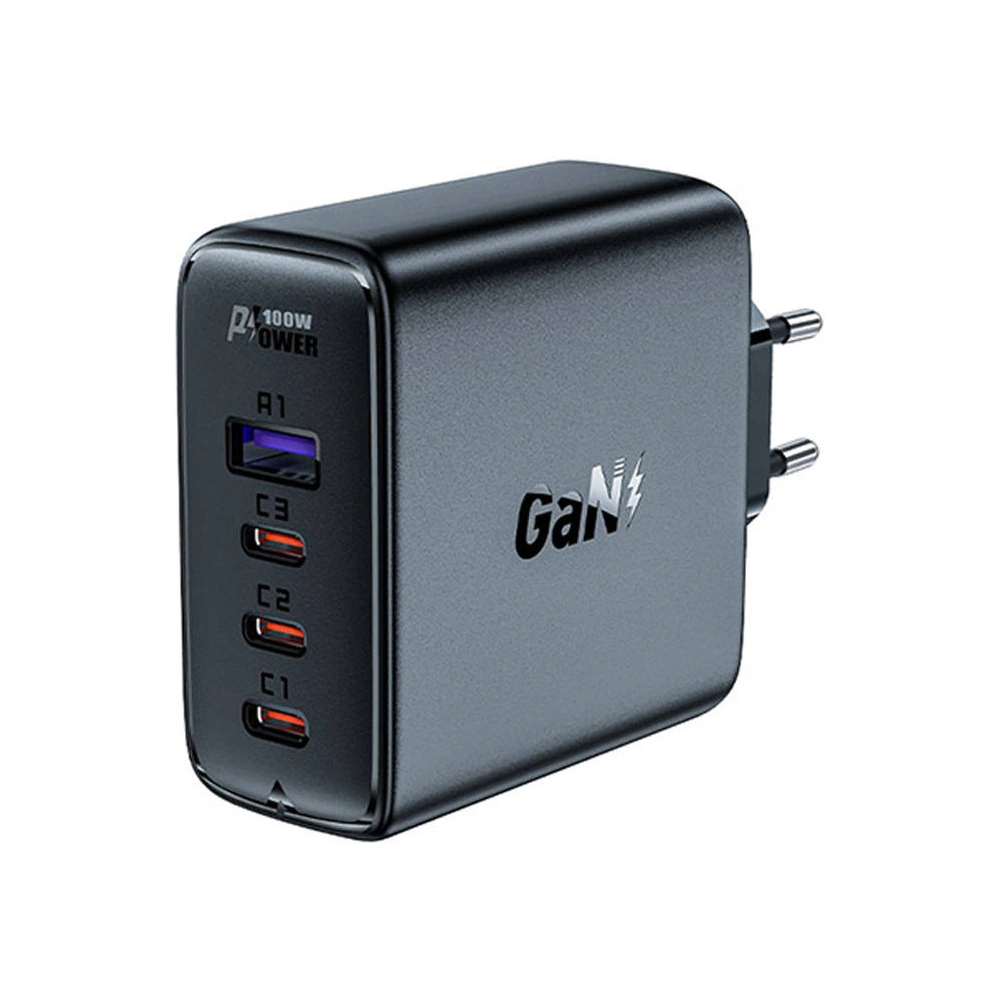 Ładowarka sieciowa Acefast A37 USB-A, 3xUSB-C, PD, GaN, 100W (czarny) + kabel kątowy USB-C / USB-C 2m