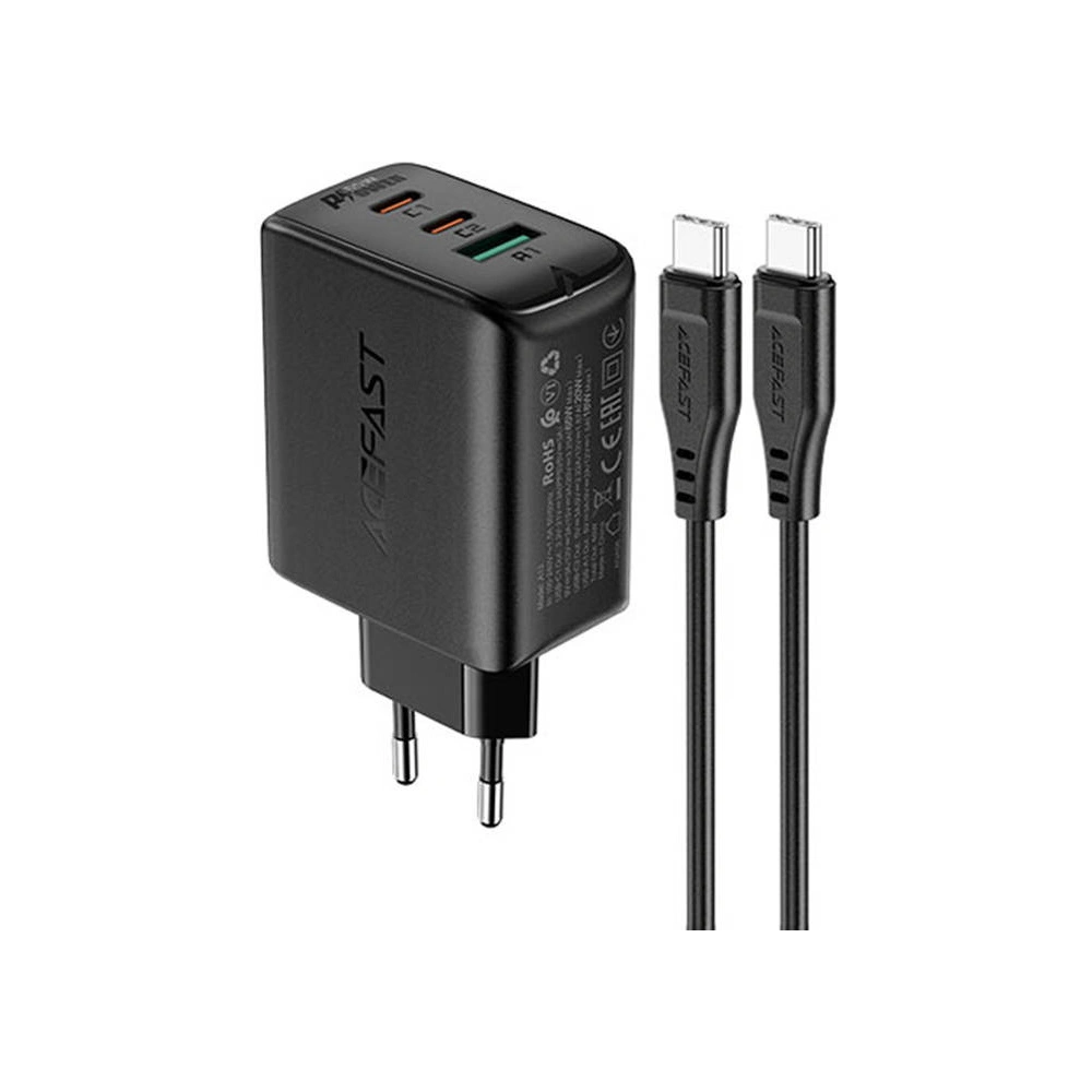 Ładowarka sieciowa Acefast A13 USB-A, 2xUSB-C, PD 65W + kabel USB-C / USB-C (czarna)