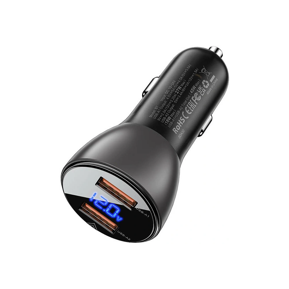 Ładowarka samochodowa Acefast B7 2xUSB-A, 45W z wyświetlaczem (czarny)