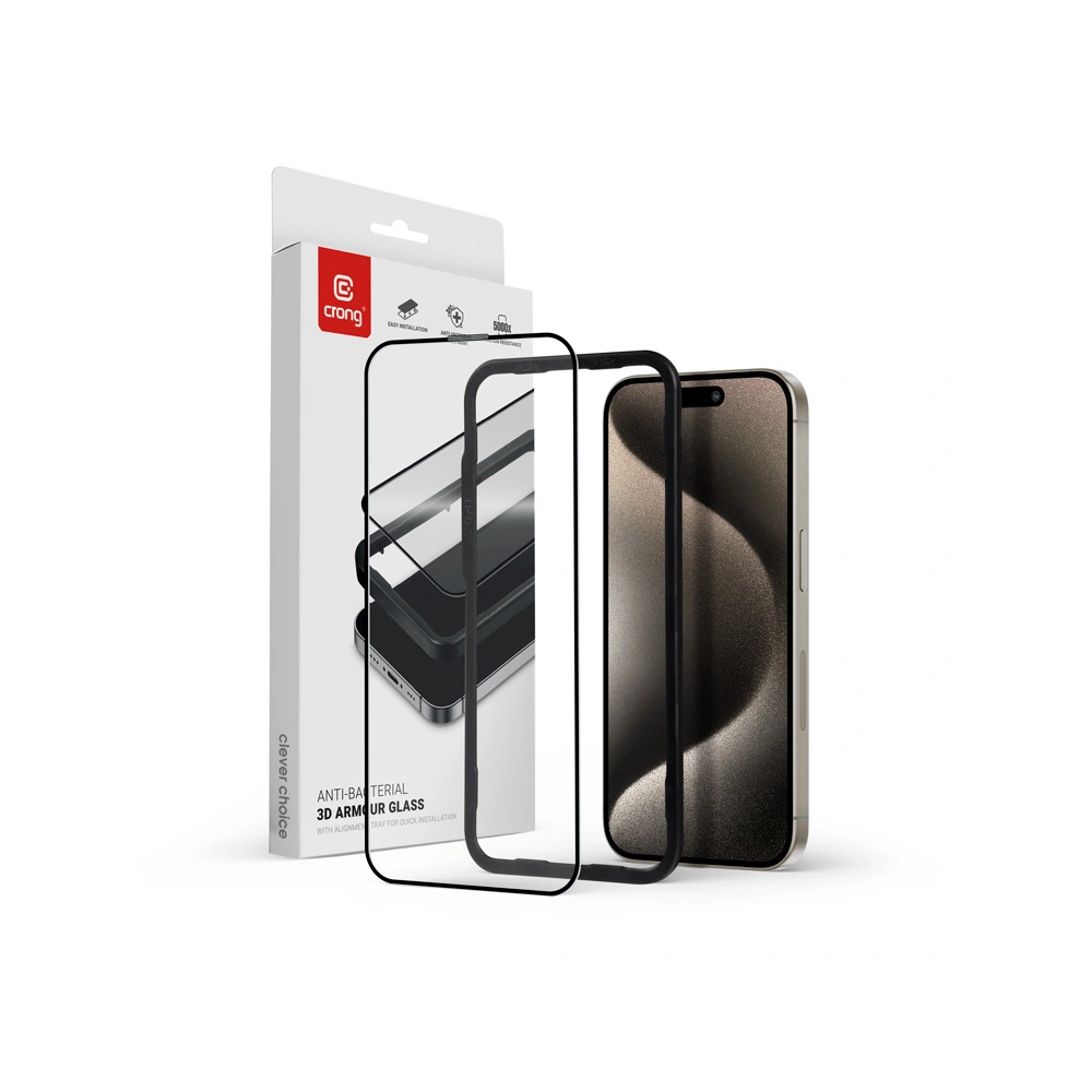 Szkło hartowane Crong Anti-Bacterial 3D Armour Glass Apple iPhone 15 Pro + ramka instalacyjna