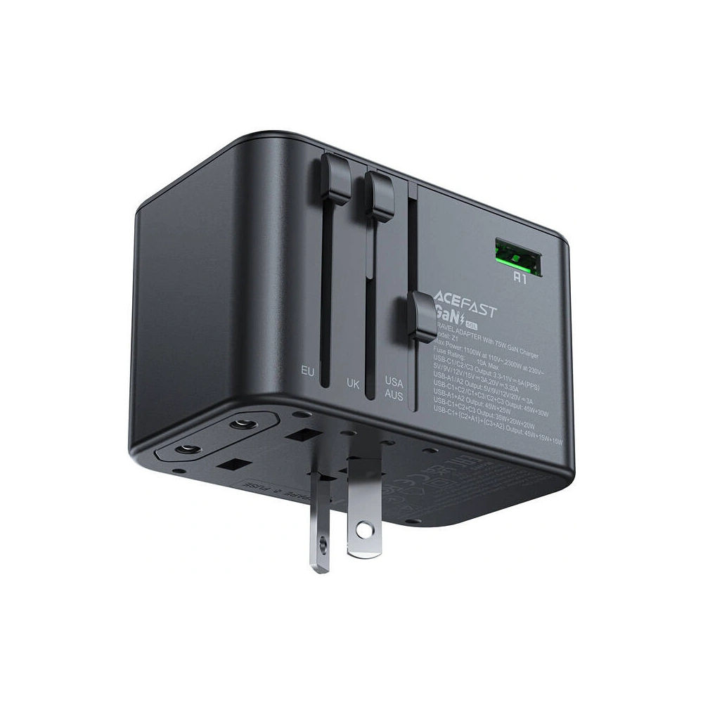 Ładowarka sieciowa podróżna Acefast Z1 US/EU/UK/AU, 2xUSB-A, 3xUSB-C, GaN, 67W,  (czarna)