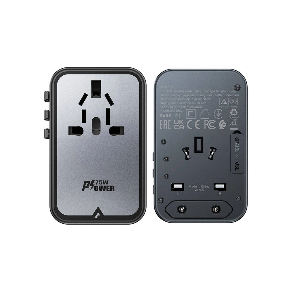 Ładowarka sieciowa podróżna Acefast Z1 US/EU/UK/AU, 2xUSB-A, 3xUSB-C, GaN, 67W,  (czarna)