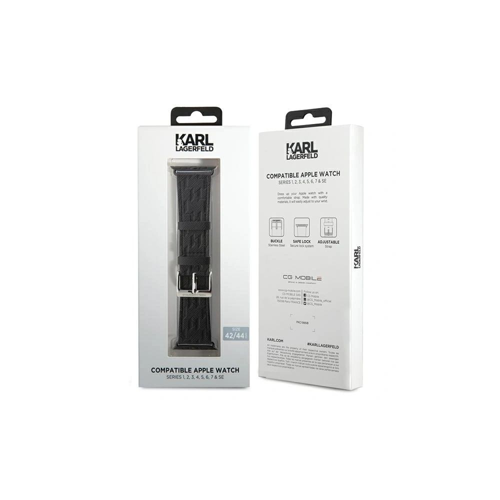 Pasek Karl Lagerfeld KLAWLSAKLHPK Apple Watch 4/5/6/7/SE/8/9/Ultra 44/45/49mm strap Saffiano Monogram czarny/black
