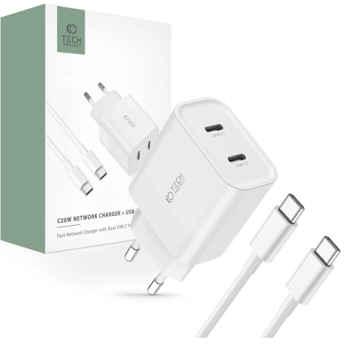 Kup Netzteil Tech-Protect C20W Netzladegerät 2xUSB-C, PD, 20W + USB-C / USB-C Kabel 100cm Weiß - THP2455 - {ean13} - Sklep Home Screen