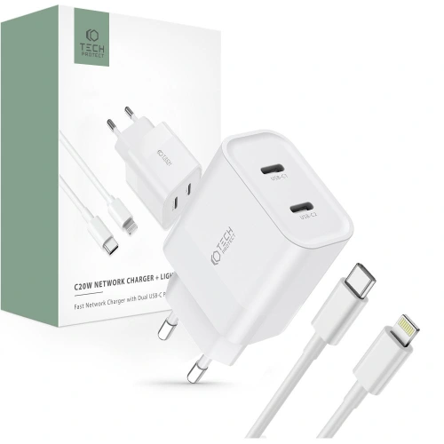 Kup Netzteil Tech-Protect C20W Netzwerk-Ladegerät 2xUSB-C, PD, 20W + USB-C / Lightning Kabel 100cm Weiß - THP2456 - {ean13} - Sklep Home Screen