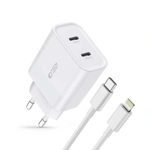 Kup Netzteil Tech-Protect C20W Netzwerk-Ladegerät 2xUSB-C, PD, 20W + USB-C / Lightning Kabel 100cm Weiß - THP2456 - {ean13} - Sklep Home Screen