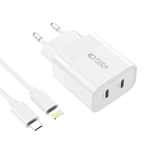 Kup Netzteil Tech-Protect C20W Netzwerk-Ladegerät 2xUSB-C, PD, 20W + USB-C / Lightning Kabel 100cm Weiß - THP2456 - {ean13} - Sklep Home Screen
