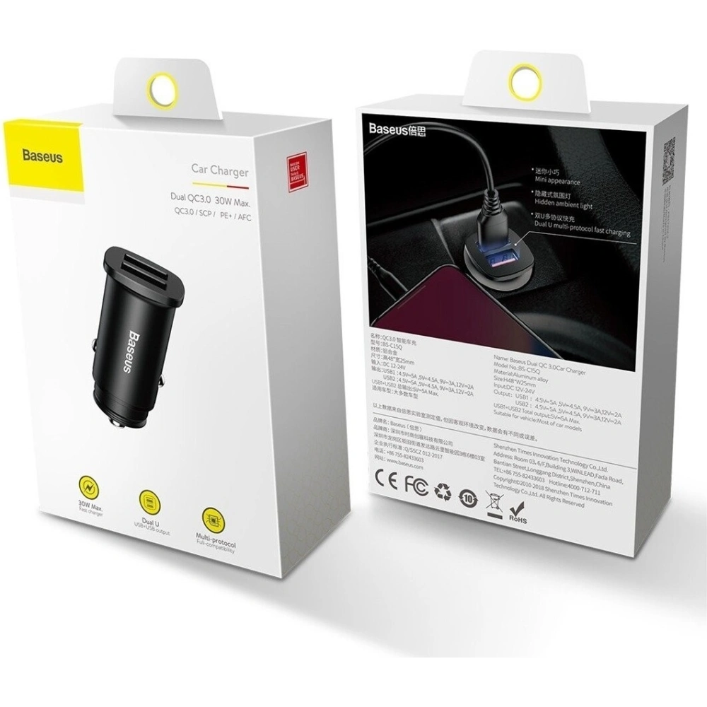Ładowarka samochodowa Baseus Square 2xUSB QC3.0 5A 30W (czarna)