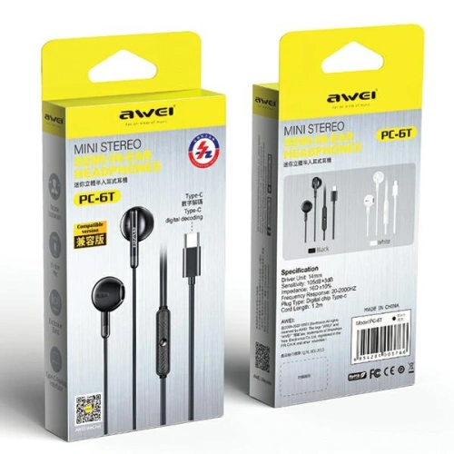 Kup Słuchawki przewodowe douszne AWEI PC-6T USB-C, 1.2m czarny/black - AWEI172 - {ean13} - Sklep Home Screen
