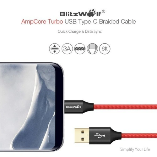 Kup BlitzWolf USB Typ C Kabel Ampcore BW-TC6 1.8m, rot - BLZ086RED - {ean13} - Sklep Home Screen