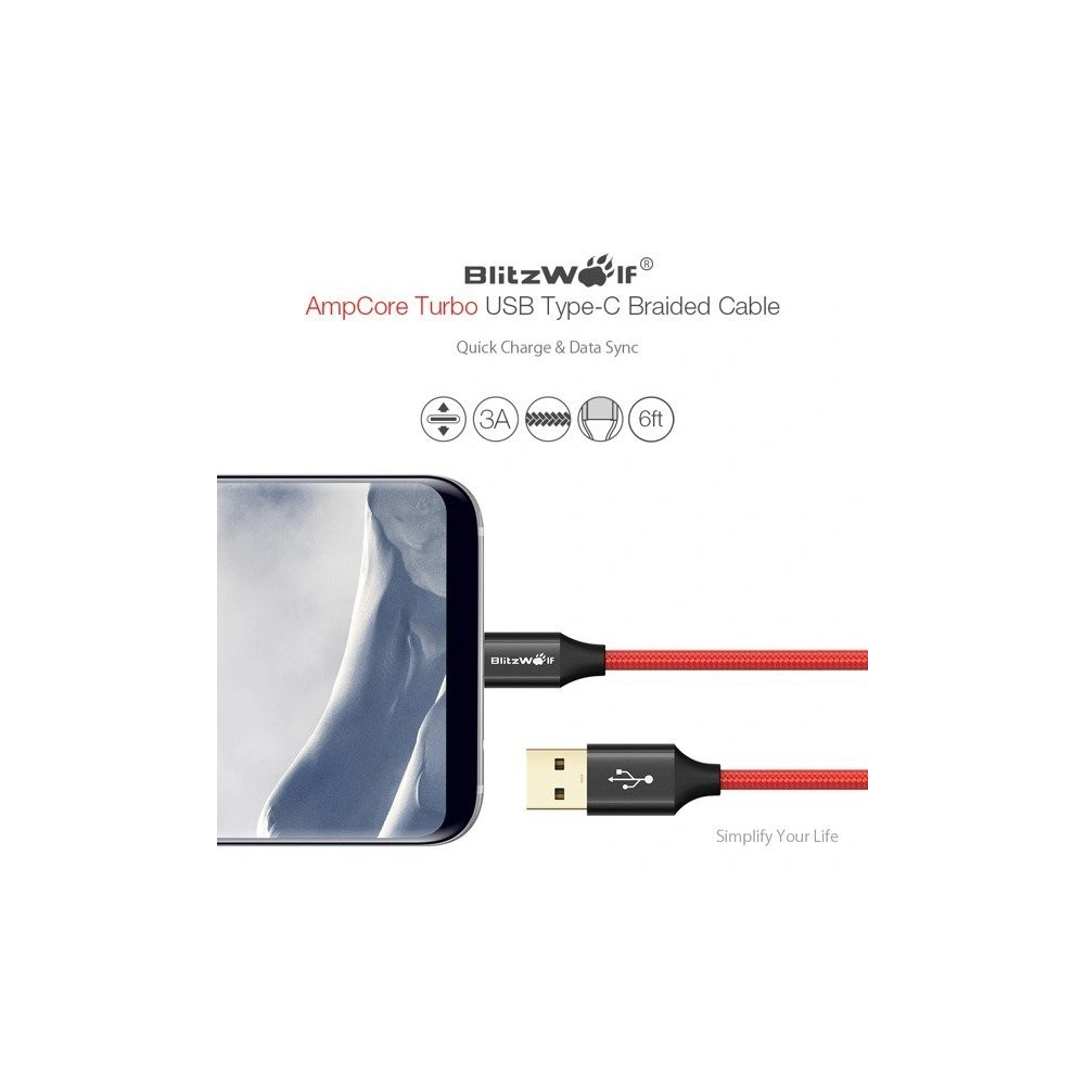 Kabel USB Typu C BlitzWolf Ampcore BW-TC6 1,8m, czerwony