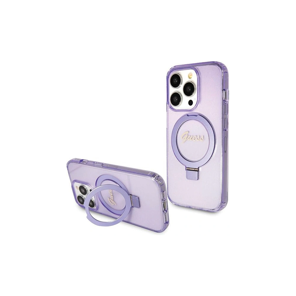 Etui Guess GUHMP14XHRSGSU Apple iPhone 14 Pro Max hardcase Ring Stand Script Glitter MagSafe fioletowy/purple