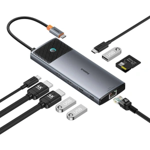 Adapter 10w1 Baseus hub USB-C / 2xHDMI, 3xUSB-A, USB-C, RJ45, SD/TF, PD  (szary)