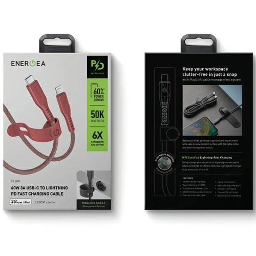 Kup Kabel ENERGEA Flow C94 USB-C / Lightning MFI, 60W, 3A, PD, Fast Charge, 1.5m czerwony/red - ENG120 - {ean13} - Sklep Home Screen