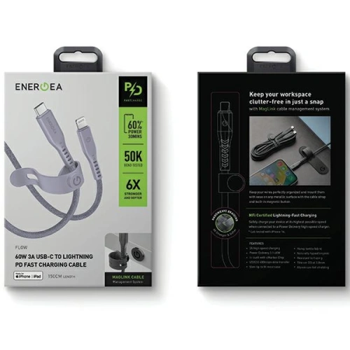 Kup Kabel ENERGEA Flow C94 USB-C / Lightning MFI, 60W, 3A, PD, Fast Charge, 1.5m fioletowy/purple - ENG121 - {ean13} - Sklep Home Screen