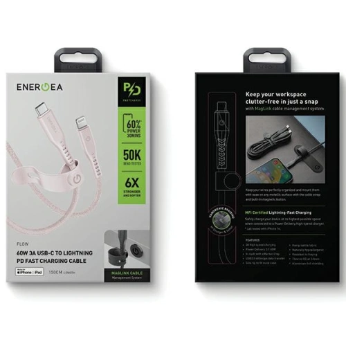 Kup Kabel ENERGEA Flow C94 USB-C / Lightning MFI, 60W, 3A, PD, Fast Charge, 1.5m różowy/pink - ENG123 - {ean13} - Sklep Home Screen