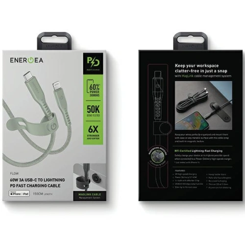 Kup 1.5m ENERGEA Flow C94 USB-C / Lightning cablu MFI, 60W, 3A, PD, încărcare rapidă, verde/verde - ENG124 - {ean13} - Sklep Home Screen