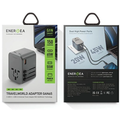 Buy ENERGEA Travel World Adapter GaN65 4w1 US/UA/EU/UK USB-A, 2xUSB-C, PD65W, PPS55W, QC3.0 gunmetal - ENG133 - {ean13} - Home Screen Store Europe