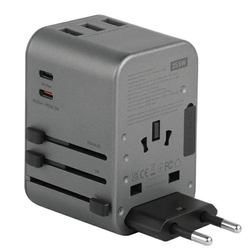 Kup Netzteil ENERGEA Travel World Adapter 4in1 US/UA/EU/UK 3xUSB-A, 2xUSB-C, PD35W, PPS35W, QC3.0 grau/gunmetal - ENG134 - {ean13} - Sklep Home Screen