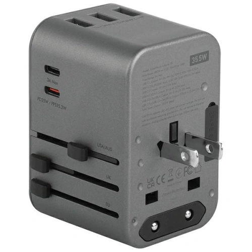Kup Netzteil ENERGEA Travel World Adapter 4in1 US/UA/EU/UK 3xUSB-A, 2xUSB-C, PD35W, PPS35W, QC3.0 grau/gunmetal - ENG134 - {ean13} - Sklep Home Screen