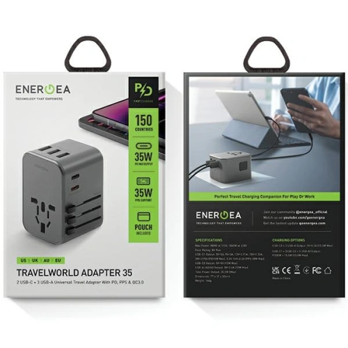 Kup Netzteil ENERGEA Travel World Adapter 4in1 US/UA/EU/UK 3xUSB-A, 2xUSB-C, PD35W, PPS35W, QC3.0 grau/gunmetal - ENG134 - {ean13} - Sklep Home Screen