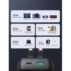 Powerbank Joyroom JR-PBC06 10000mAh 30W + wbudowane kable USB-C, Lightning czarny
