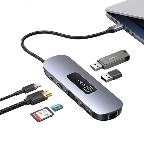 Kup Adapter USAMS US-SJ644 HUB 10w1 USB-C / 3xUSB-A 3.0, TF, SD, USB-C, HDMI, RJ45, VGA PD100W grau/oxidiert - USA1010 - {ean13} - Sklep Home Screen
