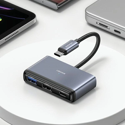 Kup Adapter USAMS US-SJ627 HUB 4in1 USB-C / 2xUSB-A 2.0, USB-A 3.0, USB-C grau/dunkelgrau - USA1011 - {ean13} - Sklep Home Screen