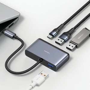 Kup Adaptor USAMS US-SJ627 HUB 4in1 USB-C / 2xUSB-A 2.0,USB-A 3.0,USB-C gri/gri închis - USA1011 - {ean13} - Sklep Home Screen