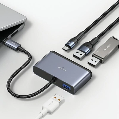 Kup Adapter USAMS US-SJ627 HUB 4in1 USB-C / 2xUSB-A 2.0, USB-A 3.0, USB-C grau/dunkelgrau - USA1011 - {ean13} - Sklep Home Screen