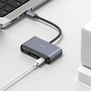 Kup Adapter USAMS US-SJ627 HUB 4in1 USB-C / 2xUSB-A 2.0, USB-A 3.0, USB-C grau/dunkelgrau - USA1011 - {ean13} - Sklep Home Screen