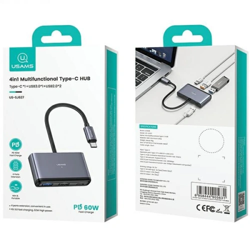 Kup Adapter USAMS US-SJ627 HUB 4in1 USB-C / 2xUSB-A 2.0, USB-A 3.0, USB-C grau/dunkelgrau - USA1011 - {ean13} - Sklep Home Screen
