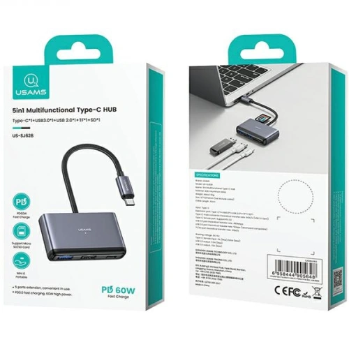 Kup Adapter USAMS US-SJ628 HUB 5w1 USB-C / USB-A 2.0, USB 3.0, USB-C, TF, SD grau/dunkelgrau - USA1012 - {ean13} - Sklep Home Screen