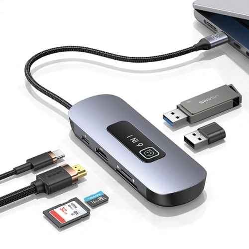 Kup Adapter USAMS US-SJ642 HUB 6w1 USB-C / 2xUSB-A 3.0, TF, SD, USB-C, HDMI PD100W grau/tarnfarben - USA1013 - {ean13} - Sklep Home Screen