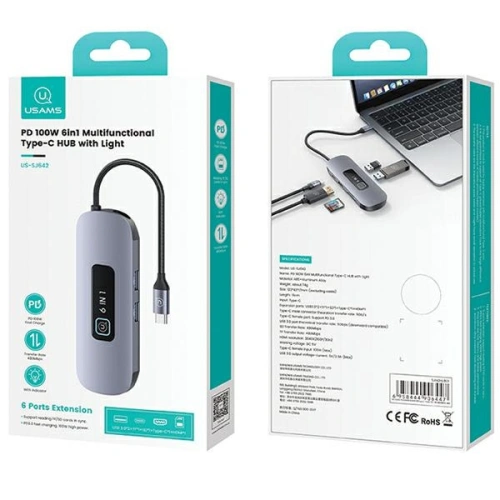 Kup Adapter USAMS US-SJ642 HUB 6w1 USB-C / 2xUSB-A 3.0, TF, SD, USB-C, HDMI PD100W grau/tarnfarben - USA1013 - {ean13} - Sklep Home Screen