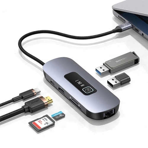 Kup Adapter USAMS US-SJ643 HUB 8in1 USB-C / 3xUSB-A 3.0, TF, SD, USB-C, HDMI, RJ45 PD100W grau/tarnfarben - USA1014 - {ean13} - Sklep Home Screen