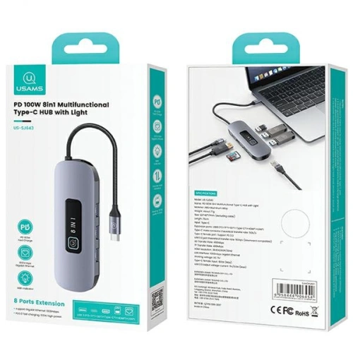 Kup Adapter USAMS US-SJ643 HUB 8in1 USB-C / 3xUSB-A 3.0, TF, SD, USB-C, HDMI, RJ45 PD100W grau/tarnfarben - USA1014 - {ean13} - Sklep Home Screen