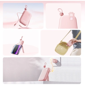 Powerbank Joyroom Cutie Series JR-L008 Plus 20000mAh 22.5W + wbudowane kable USB-C, Lightning + kabel USB-A / USB-C 25cm różowy