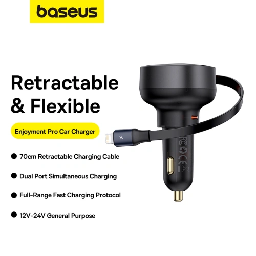 Kup Autós töltő Baseus Enjoyment Pro USB-C + beépített Lightning kábel 60W fekete - BSU4817 - {ean13} - Sklep Home Screen