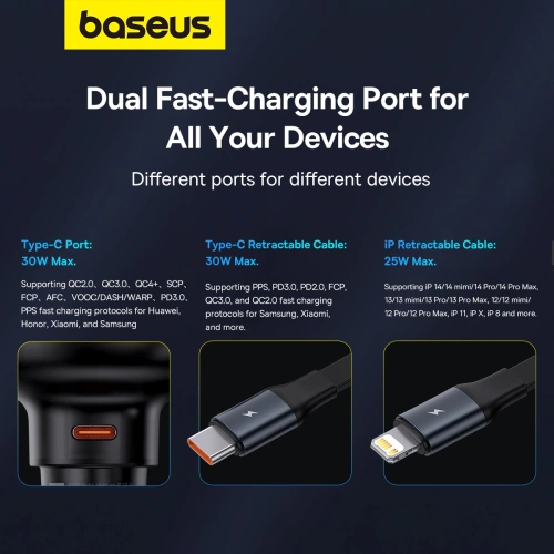 Kup Autós töltő Baseus Enjoyment Pro USB-C + beépített Lightning kábel 60W fekete - BSU4817 - {ean13} - Sklep Home Screen