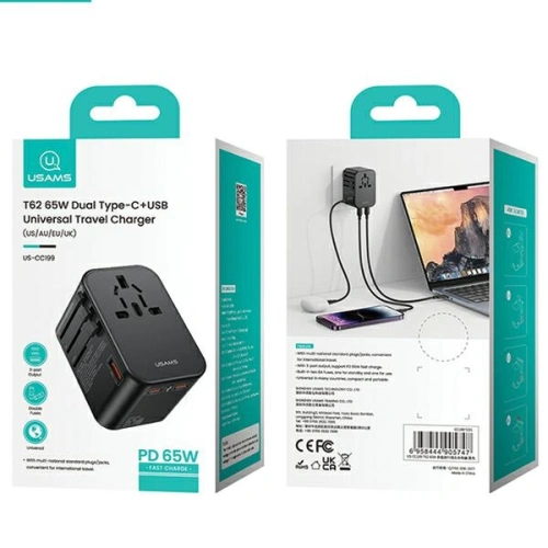 Kup Reiseadapter USAMS T62 Universelles Reise-Ladegerät US/AU/EU/UK 1xUSB, 2xUSB-C 65W schwarz/black - USA1021 - {ean13} - Sklep Home Screen