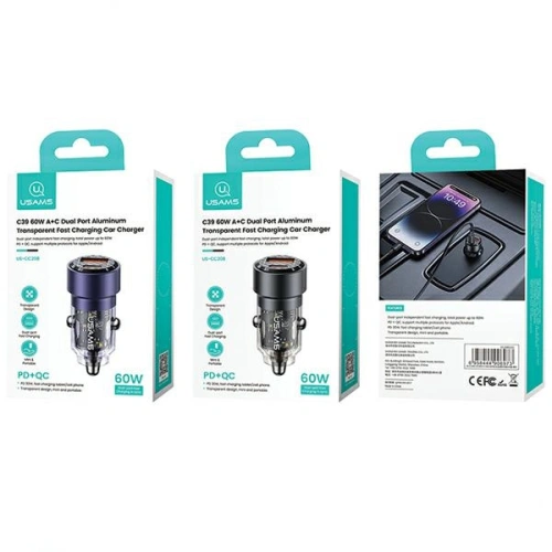 Kup Ładowarka samochodowa USAMS C39 USB-A, USB-C 60W fioletowy/purple - USA1026 - {ean13} - Sklep Home Screen